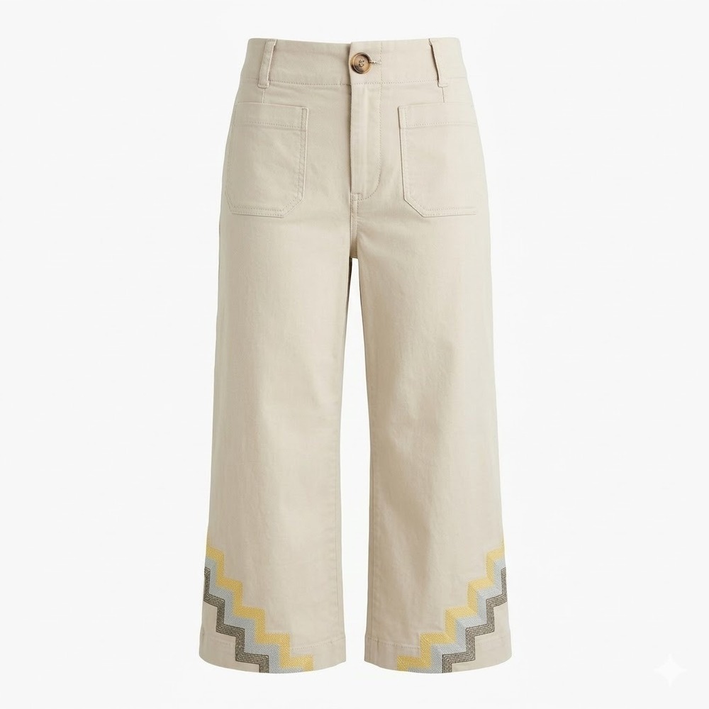 Maeve Wide-Leg Cropped Pants in Cream with Yellow & Gray Chevron Trim